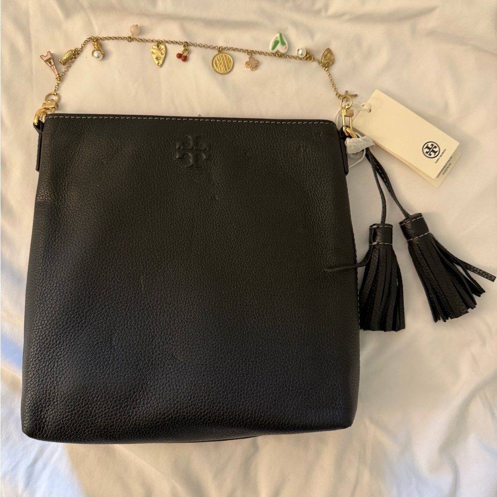 Tory Burch Black Leather Shoulder Bag with Tassels